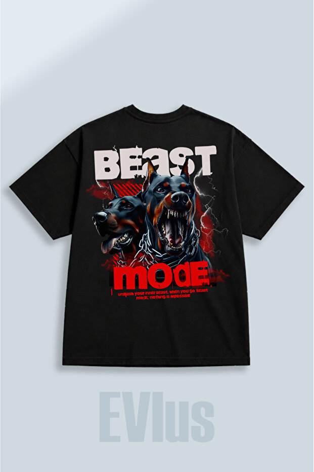 تي شيرت أسود فضفاض بقصة واسعة وياقة دائرية مطبوع عليه Beast Mode مصنوع من القطن بنسبة 100%