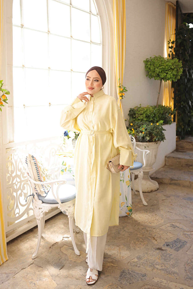Yellow Waist Belted Oversize Tunic with Pockets