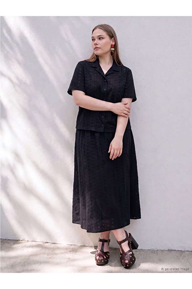 Vizyon New Season Black Plus Size Elastic Waist Brode Skirt