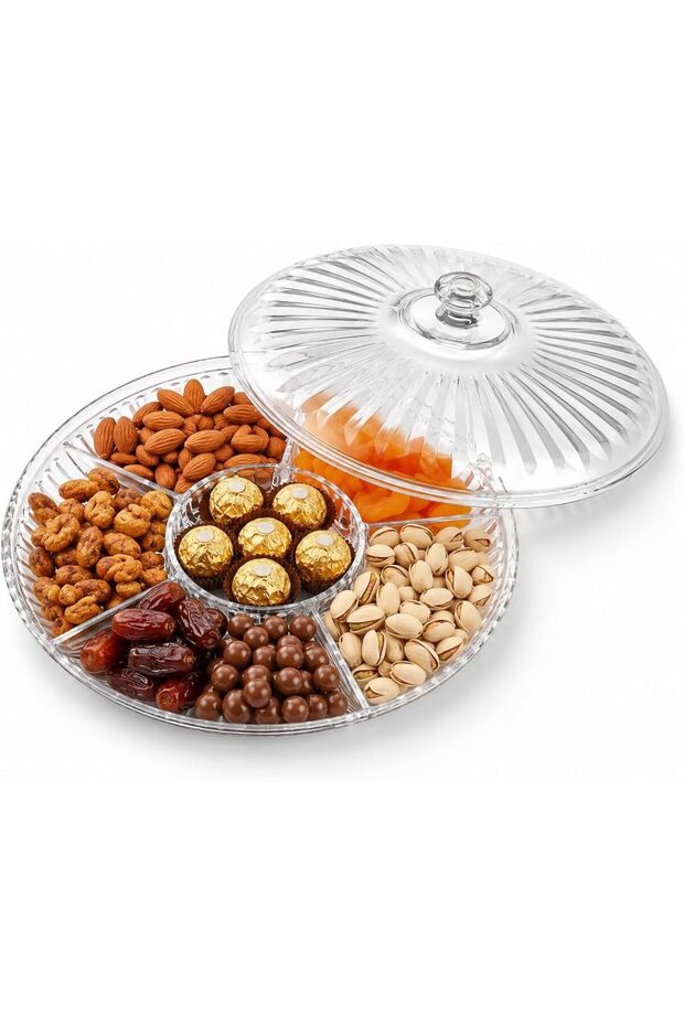 Acrylic Multi-Sectional Snack Serving Tray with Lid, Clear Round Candy & Nuts Organizer, Compartment Platter for Dry Fruits, Sweets, Chocolates, Snacks
