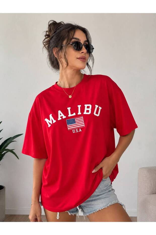 Red Oversize Malibu Cotton Front Printed Relaxed Fit Unisex T-Shirt
