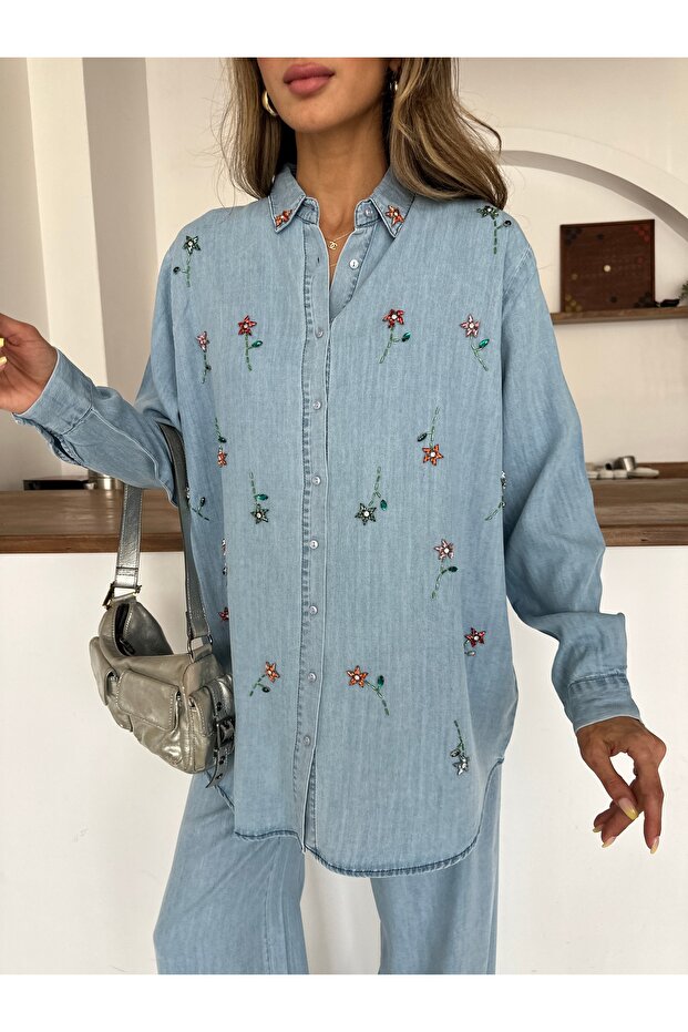 Women's Front Beaded Embroidered Denim Oversize Shirt