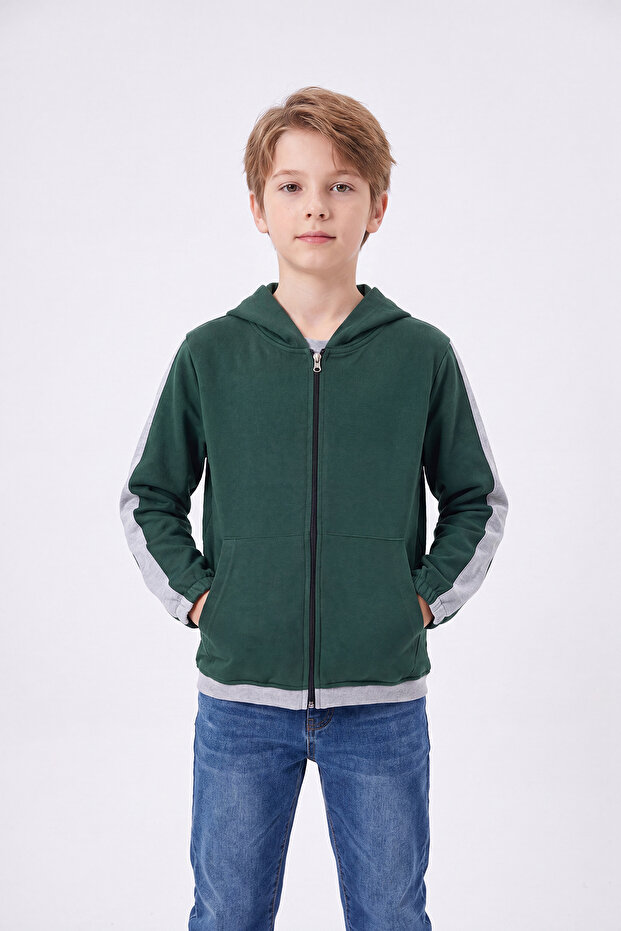 Boy's Striped Detailed Zippered Hooded Sweatshirt