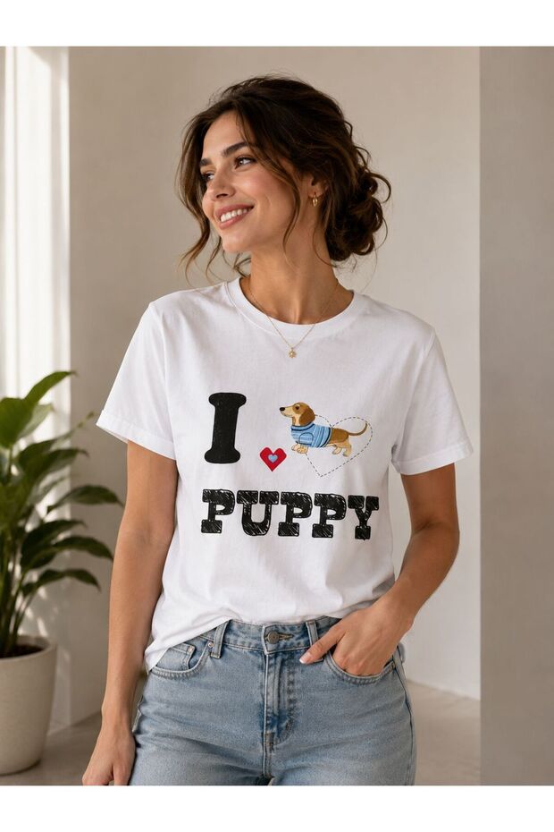 Women's Basic Puppy Digital Printed T-Shirt