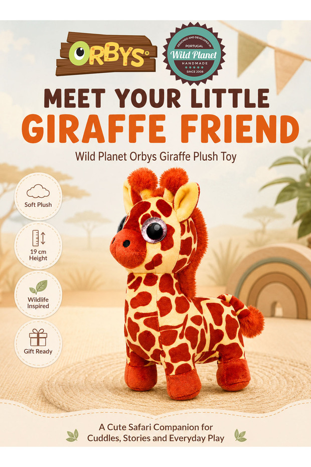 Orbys Giraffe Plush Toy 19 cm, Soft Stuffed Safari Animal with Sparkly Eyes, Brown and Beige Compact Cuddly Wildlife Character for Babies, Kids, Birthdays and Everyday Imaginative Play