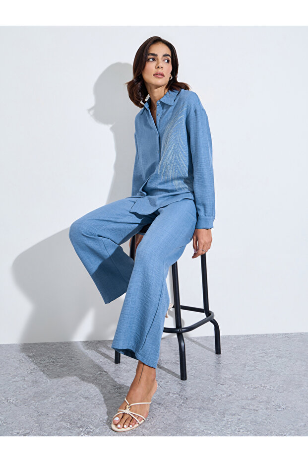 Blue Relaxed Shirt and Straight Leg Pants Modest Set
