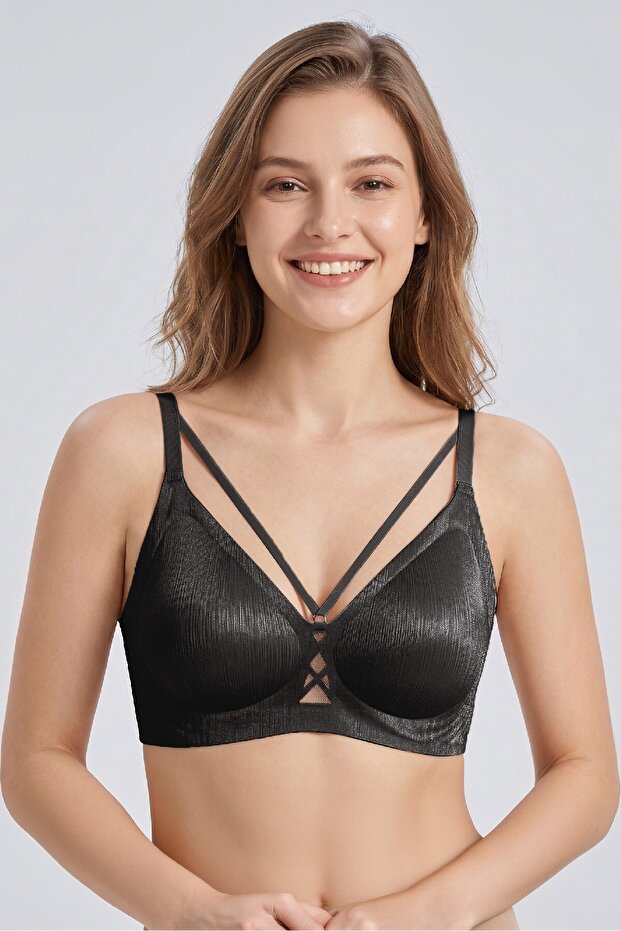 Shiny Fabric Laser Cut Bra with Strap Detail
