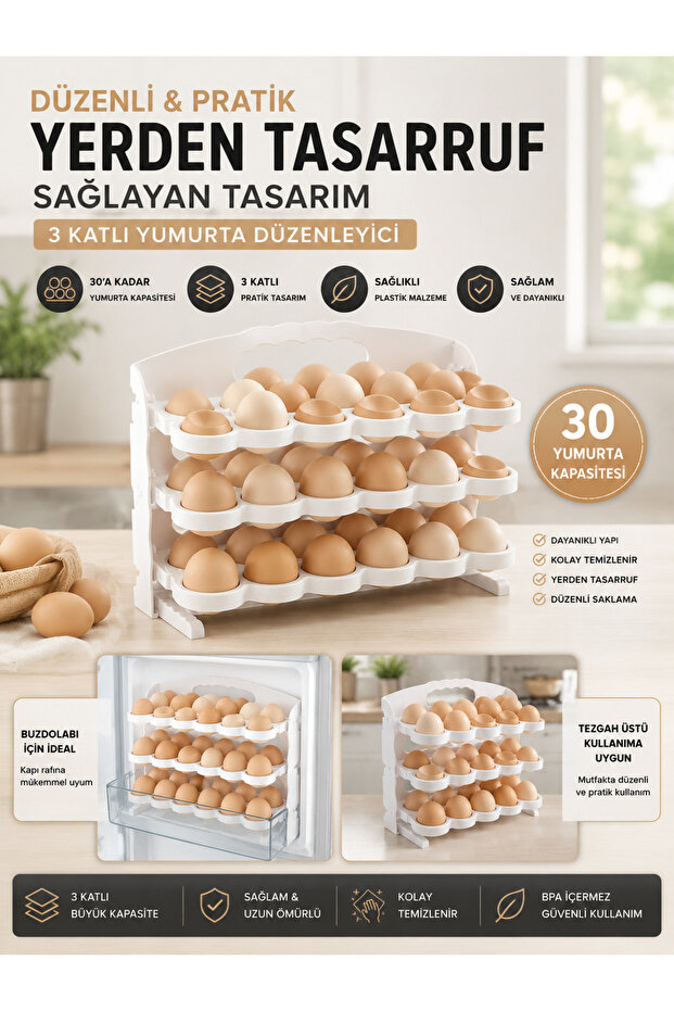 3-Tier Ergonomic Egg Organizer | 30 Egg Capacity Portable Egg Storage Rack | Kitchen and Refrigerator Organizer