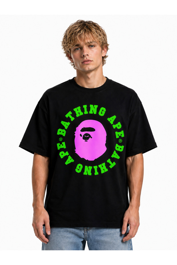 Unisex Women's Men's Bape Round New Season Front Design Printed Oversize Thick Fabric Relaxed Cut T-Shirt