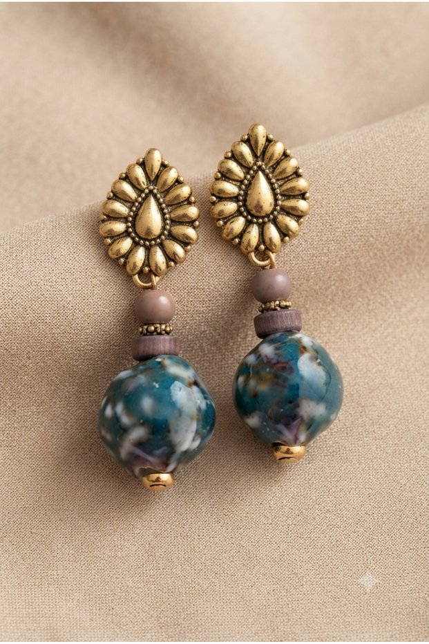 Handmade Green Ceramic Earrings with Brass Fittings