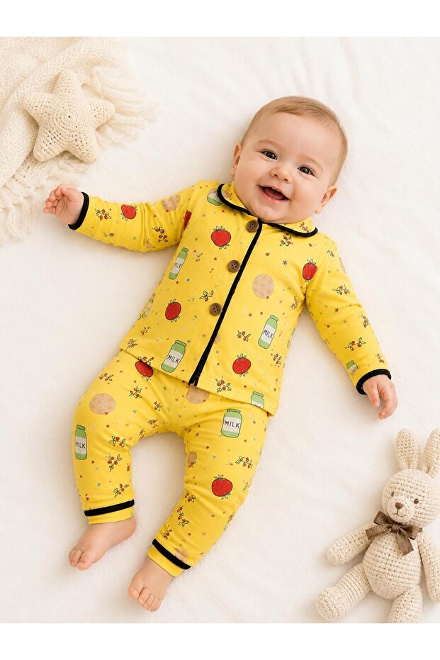 Baby Girl Buttoned Long Sleeve Pajama Set Yellow Patterned Top and Bottom 2-Piece Set 100% Cotton