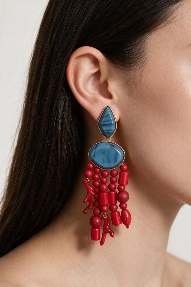 Women's Blue Red Beaded Coral Look Long Dangle Bijoux Earrings