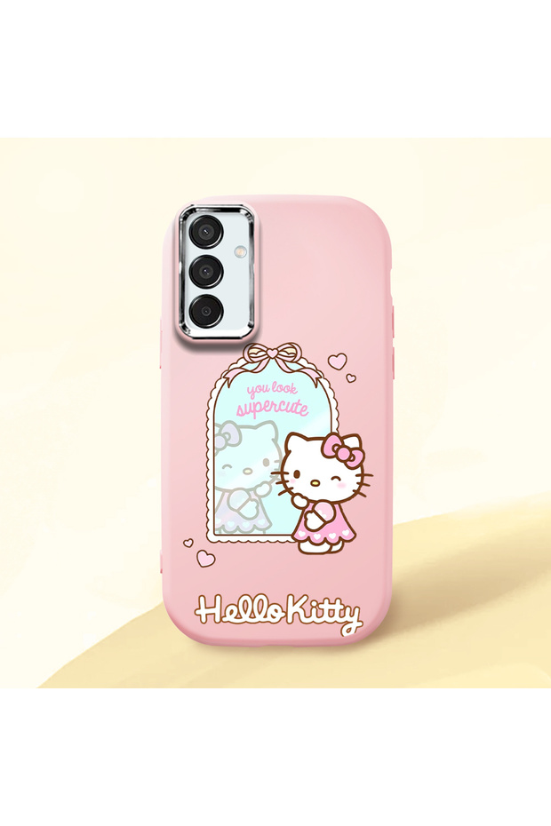 Samsung Galaxy M15 Compatible Case Camera Protector Pink Silicone Couple Phone Case with Kitty Pattern
