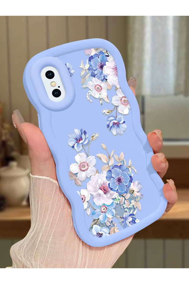 iPhone XS Compatible Case Camera Protector Blue Silicone Couple Phone Case Floral Pattern