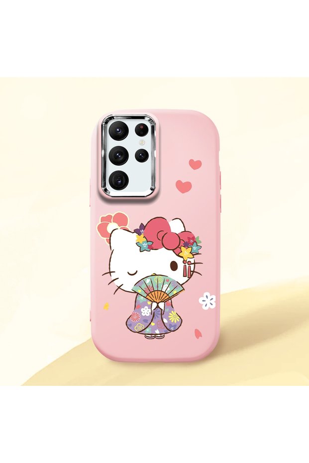 Samsung Galaxy S22 Ultra Compatible Case with Camera Protection Pink Silicone Couple Phone Case with Kitty Pattern