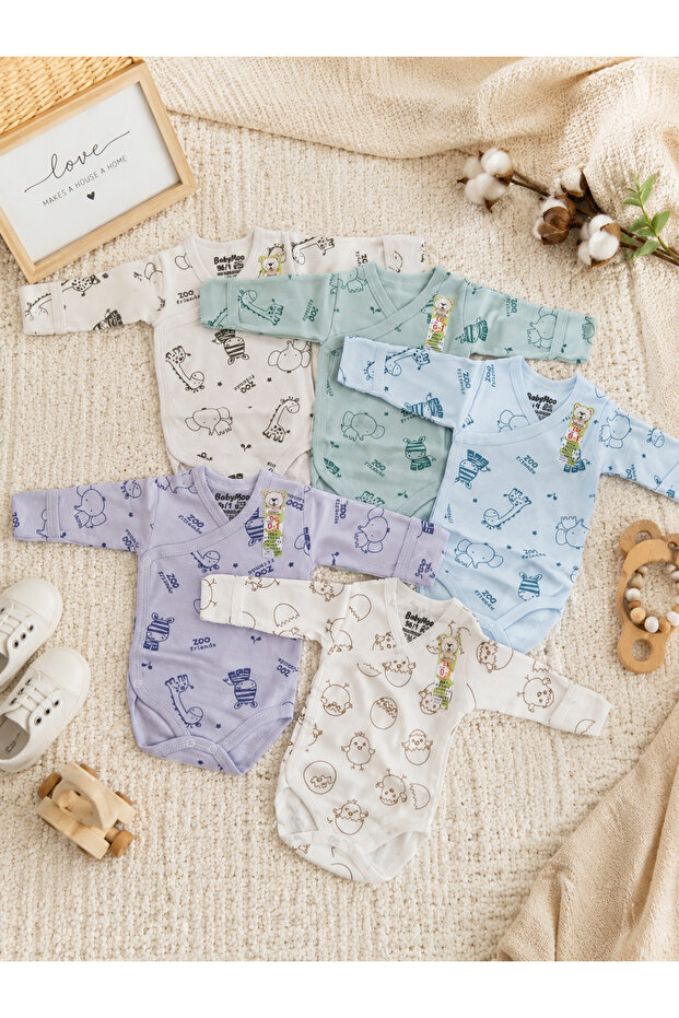 5-pack newborn 100% cotton crossover bodysuit with side and bottom snap closures, self-gloves, long sleeves, patterned, soft texture, made in turkey, 0-9 months