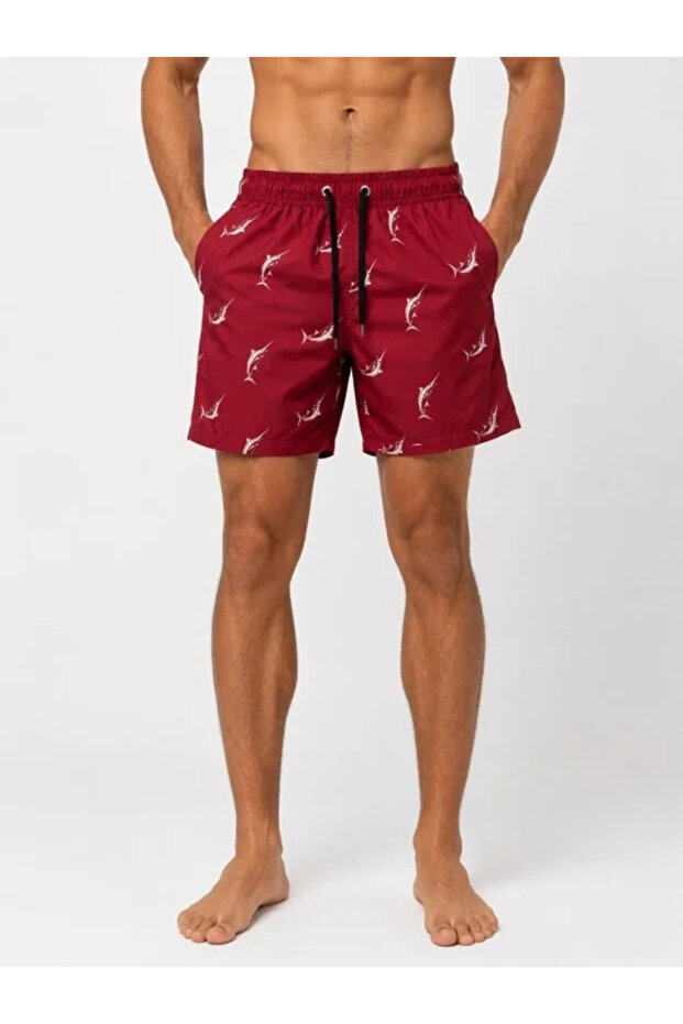 Men's Swordfish Patterned Swim Shorts with Zipper Pockets and Mesh Lining