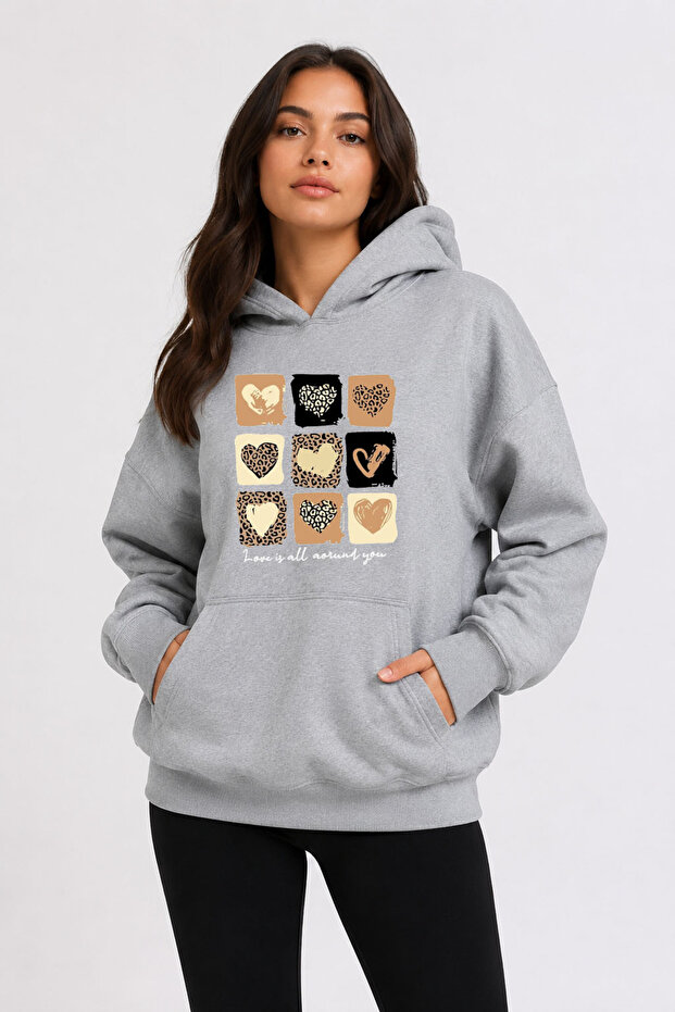 Small Leopard Hearts Printed Hooded 2 Thread Raster Sweatshirt