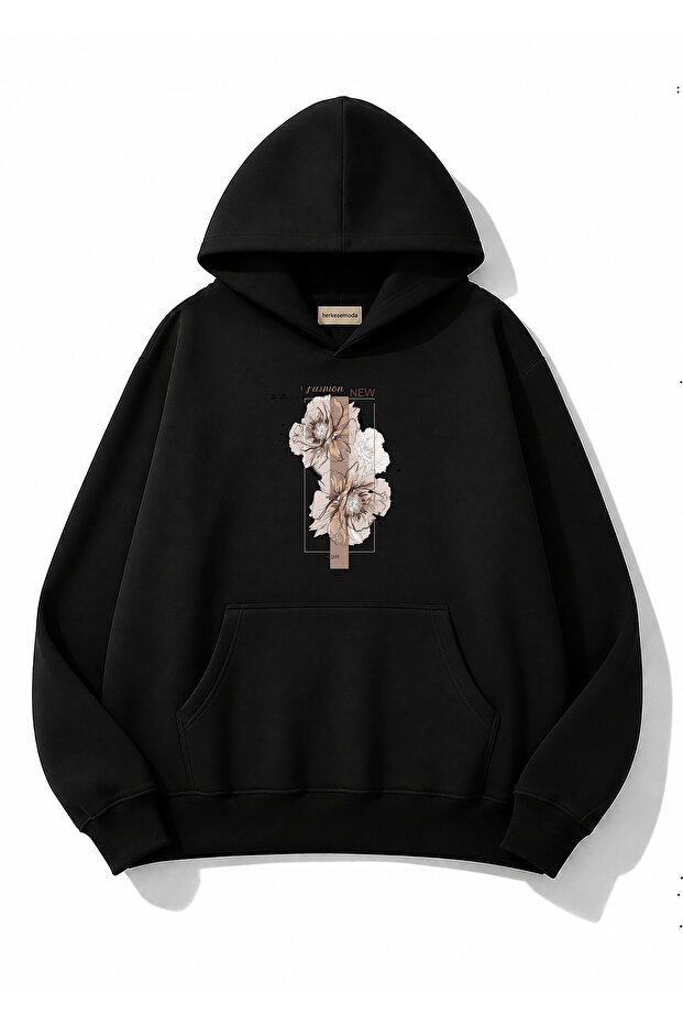 Floral Printed Hooded 2 Thread Threaded Sweatshirt