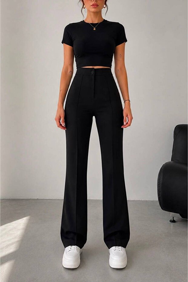 Women's Black High Waist Gathering Flared Leg Paazzo Pants