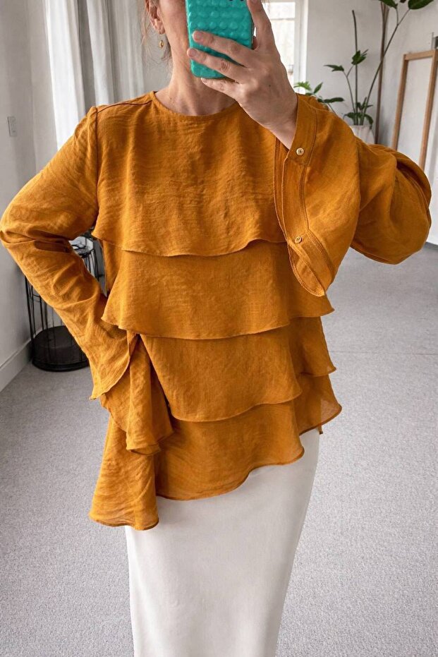 Women's Mustard Yellow Ruffled Asymmetrical Tencel Blouse