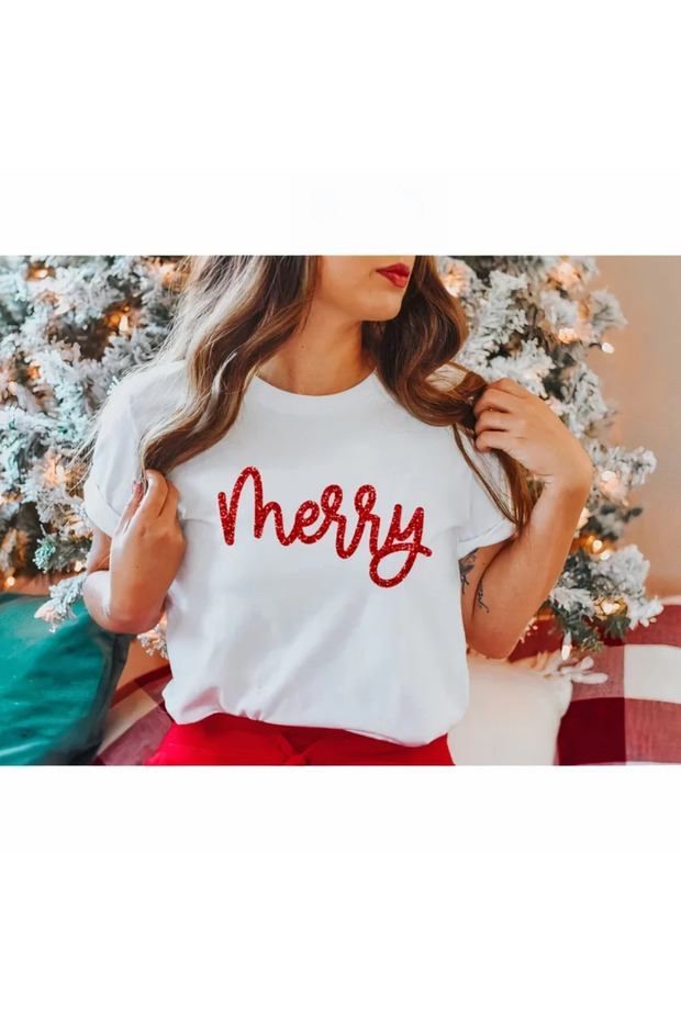 New Year's Merry Christmas Printed Short Sleeve Oversize Crew Neck T-Shirt - White