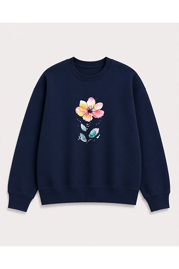 Floral Print Detailed Crew Neck Ribbed 2 Thread Sweatshirt