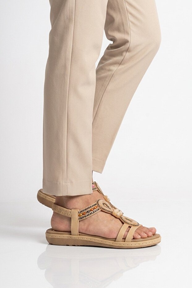 Beige Patterned Embroidered Lightweight Soft Sole Women's Sandals 4056 Z