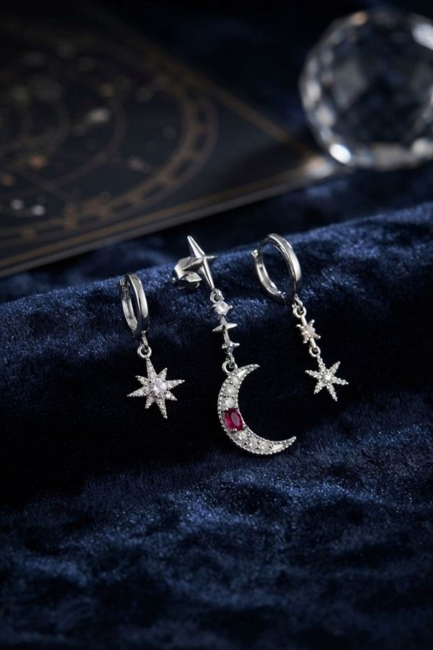 Silver Color 3-Piece Moon and Star Model Earrings Tj-Bkp11965