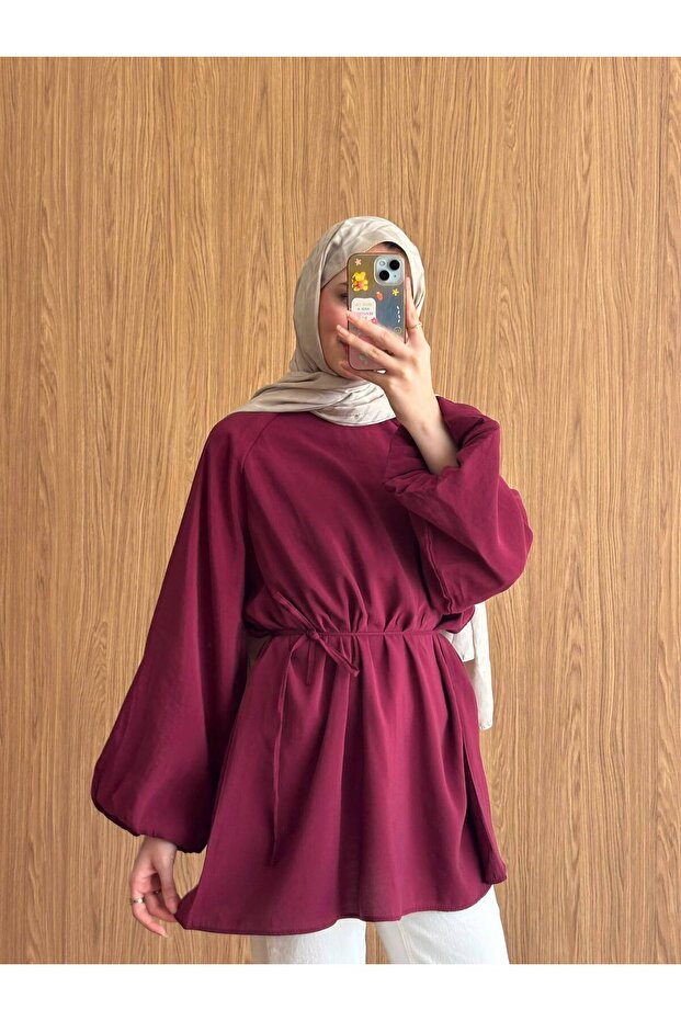 Women's Crew Neck Balloon Sleeve Waist Tie Hijab Tunic