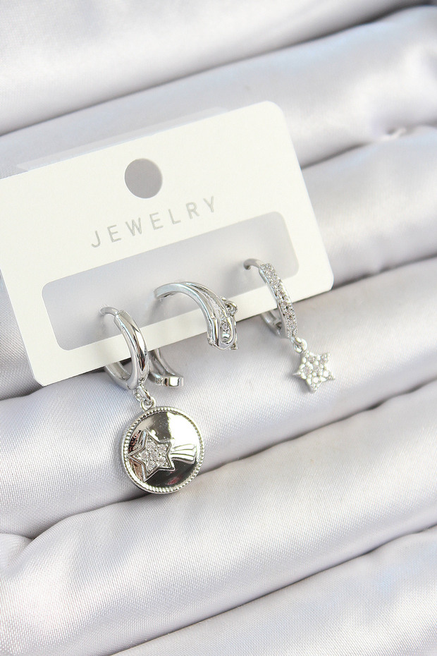 Brass Zircon Stone Dangle Star Model Silver Color 3-Piece Double Women's Earring Set