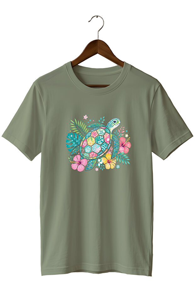 Sea Turtle Printed Unisex T-Shirt – Floral Tropical Nature Themed Crew Neck