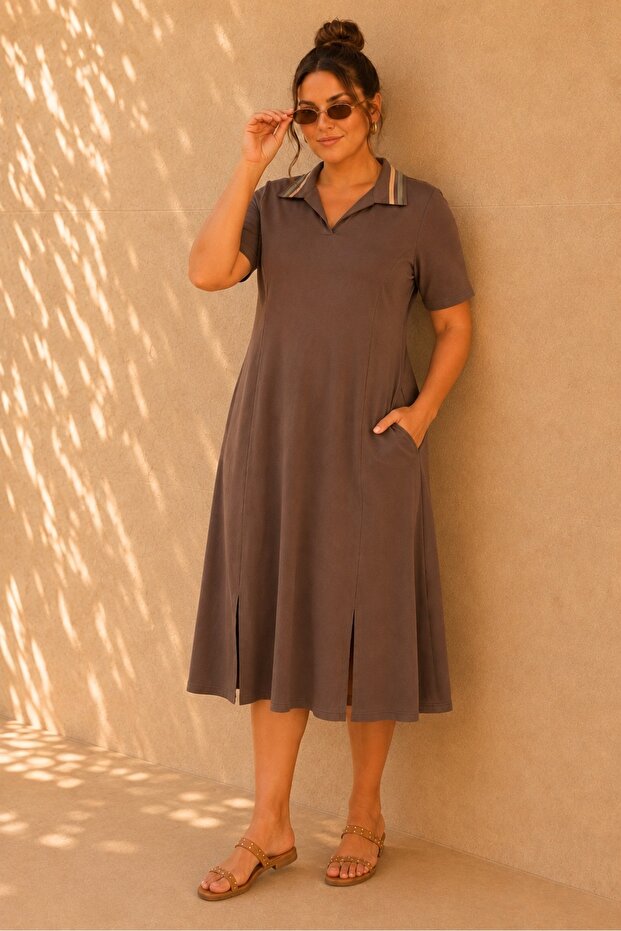 Women's Plus Size Polo Stripe Collar Front Double Slit Pockets Short Sleeve Soft Texture Lyocell Stretchy Midi Dress