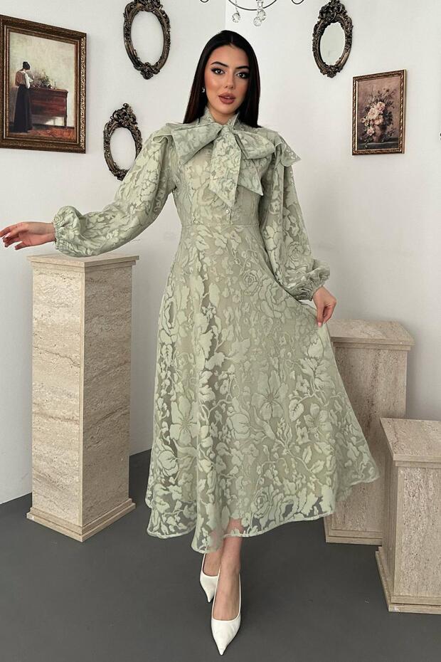 Women's Green Scarf Collar Floral Patterned Balloon Sleeve Lined Midi Dress