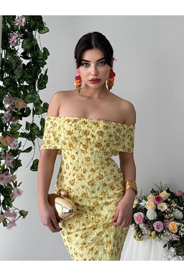Women's Sari Strapless Neckline Floral Patterned Lace Long Slim Fit Dress