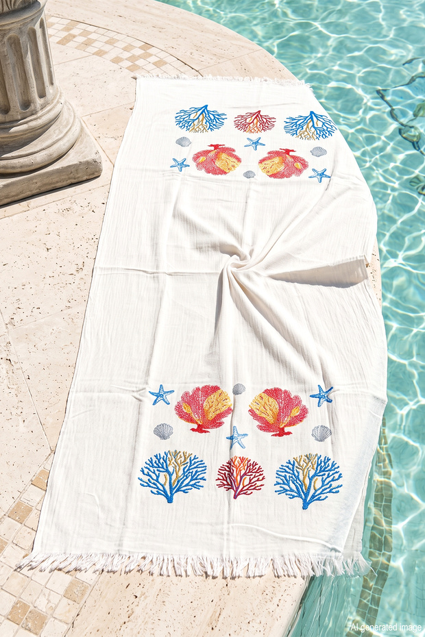 100% Cotton Muslin Coral Patterned Beach Towel Bath Sauna Sea Towel Peshtemal 02 White02