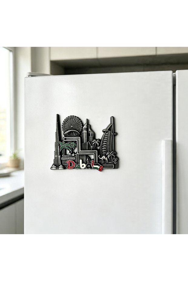 3D Metallic Dubai Skyline Fridge Sticker with Burj Khalifa, Burj Al Arab, Ferris Wheel, Camel, & Palm Tree. Perfect UAE National Day gift idea, travel souvenir, & stylish kitchen fridge decal.