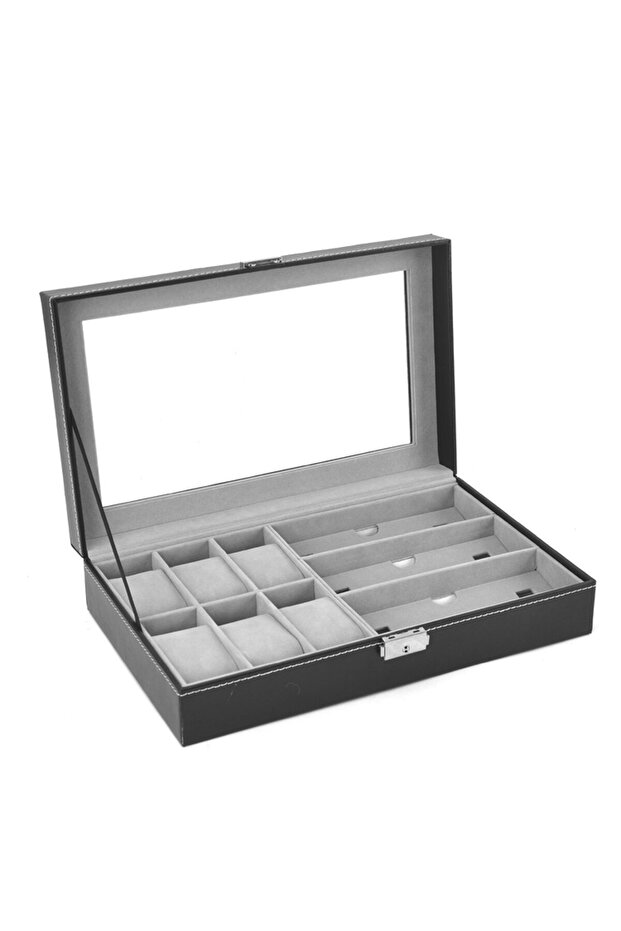 6-piece watch display box & jewelry storage case with 3-piece eyeglass & sunglasses holder - Black