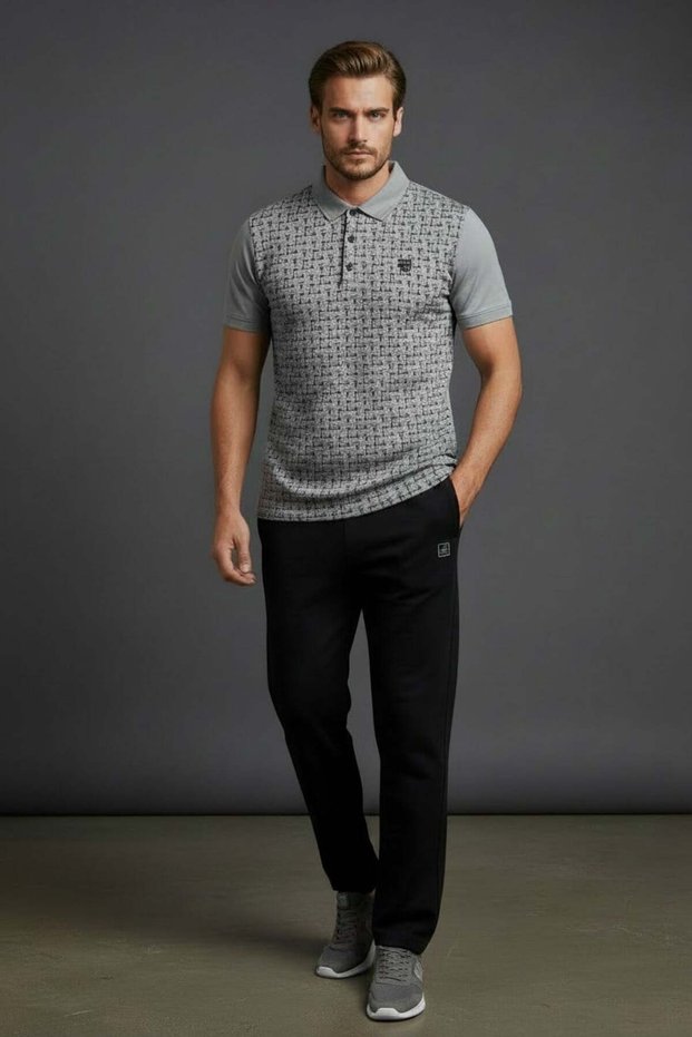 Men's Gray Two-Piece Tracksuit Set - Jacquard Fabric T-Shirt and Parachute Sweatpants - 112