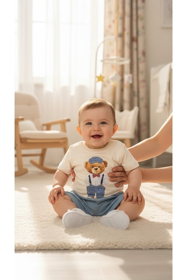 Baby Boy Teddy Bear Printed 2-Piece Set Short Sleeve T-Shirt Shorts Summer Cotton Baby Set 6-9 Months 9-12 Months 12-18 Months