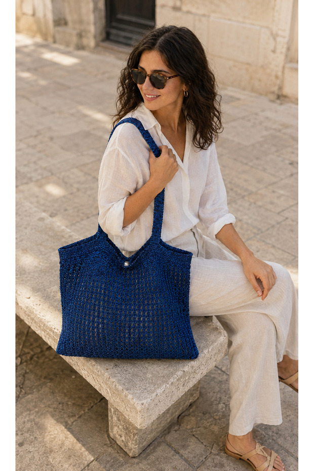 Women's Blue Navy Blue Sparkling Mesh Knitted Large Size Beach Bag Summer Shoulder Bag