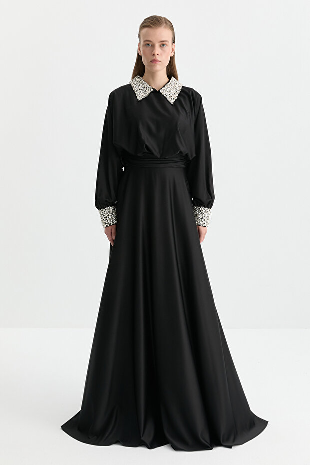 Satin Evening Dress with Stones on the Collar and Cuffs - Black