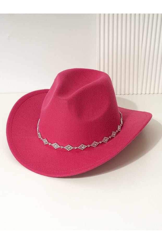 Women's Western Cowboy Hat with Rhinestones and Wide Brim (Fuchsia)