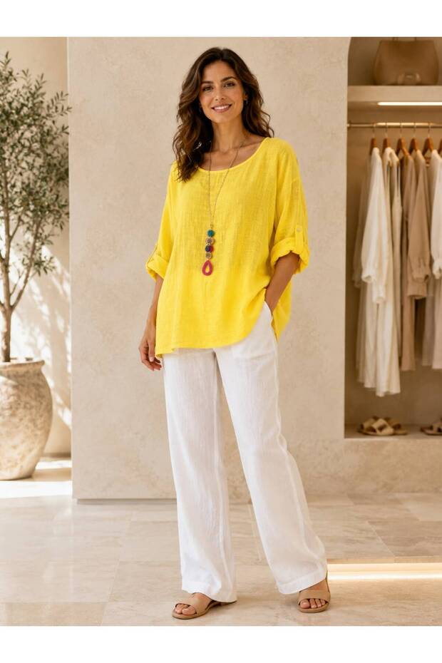 Italian Linen Textured Oversized Blouse with Pendant – Crew Neck, Batwing Sleeves, Casual Chic Women's Blouse