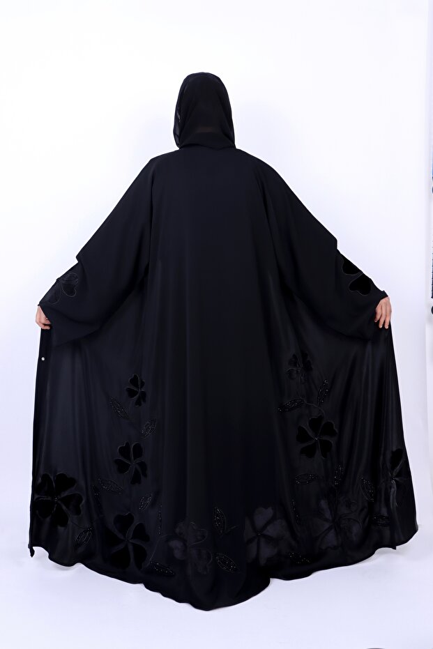 Elegant Black Nida Abaya with Velvet Floral Applique and Beadwork Embellishments