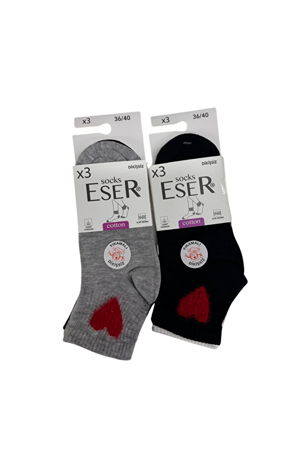 Women's 6 Pairs Cotton Booties Socks Seamless Heart Patterned Black Gray