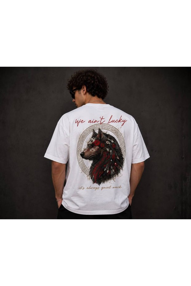 White Crew Neck Oversize Fit Cotton T-Shirt with Wolf Print Detail and Relaxed Fit Unisex T-Shirt