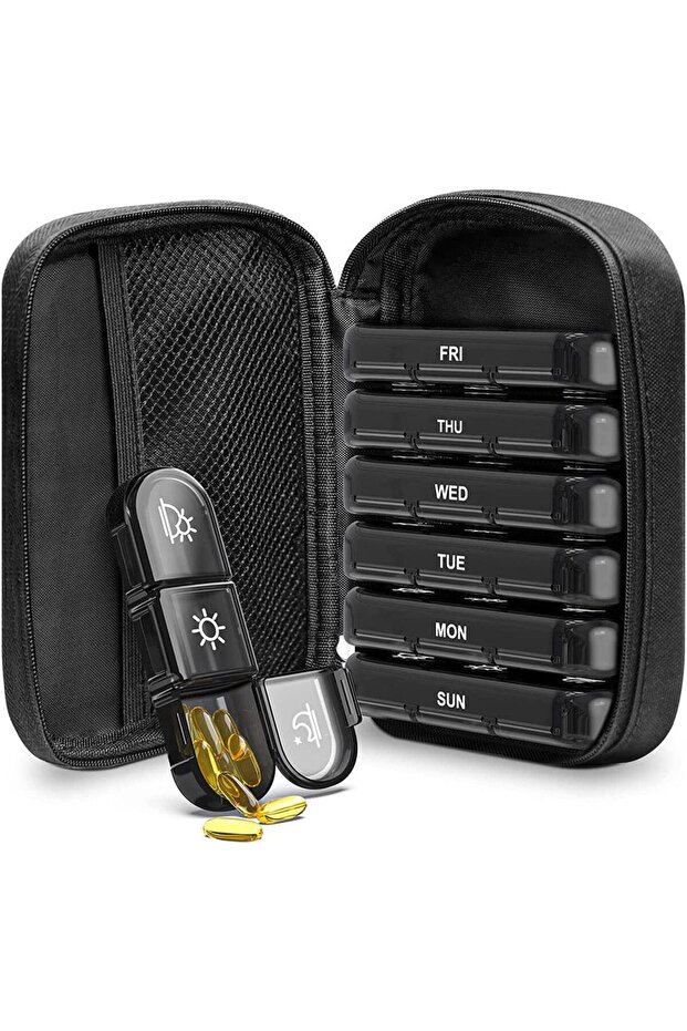 Weekly pillbox, three times a day, comes with a portable canvas bag, suitable for V-shaped pillboxes.