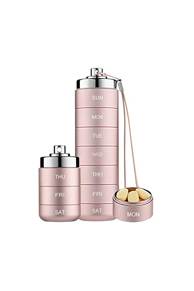 Weekly metal pillbox, stackable leak-proof travel pillbox, pink