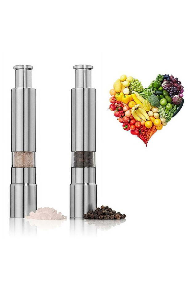 Kitchen stainless steel manual thumb-press salt, spice, sauce, and pepper grinder, 2-pack